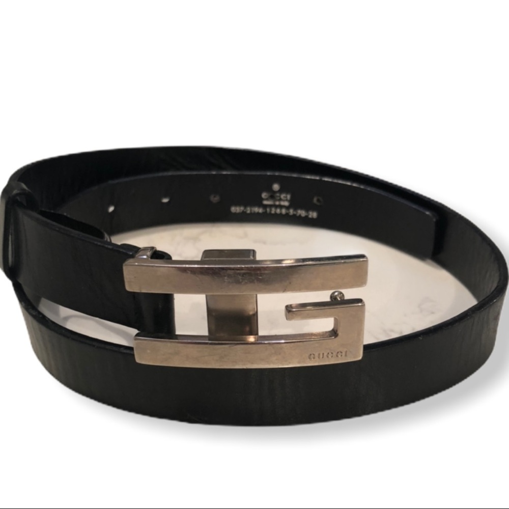 Vintage 1990’s GUCCI TOM FORD Era Black Leather Sliver Tone  G Belt